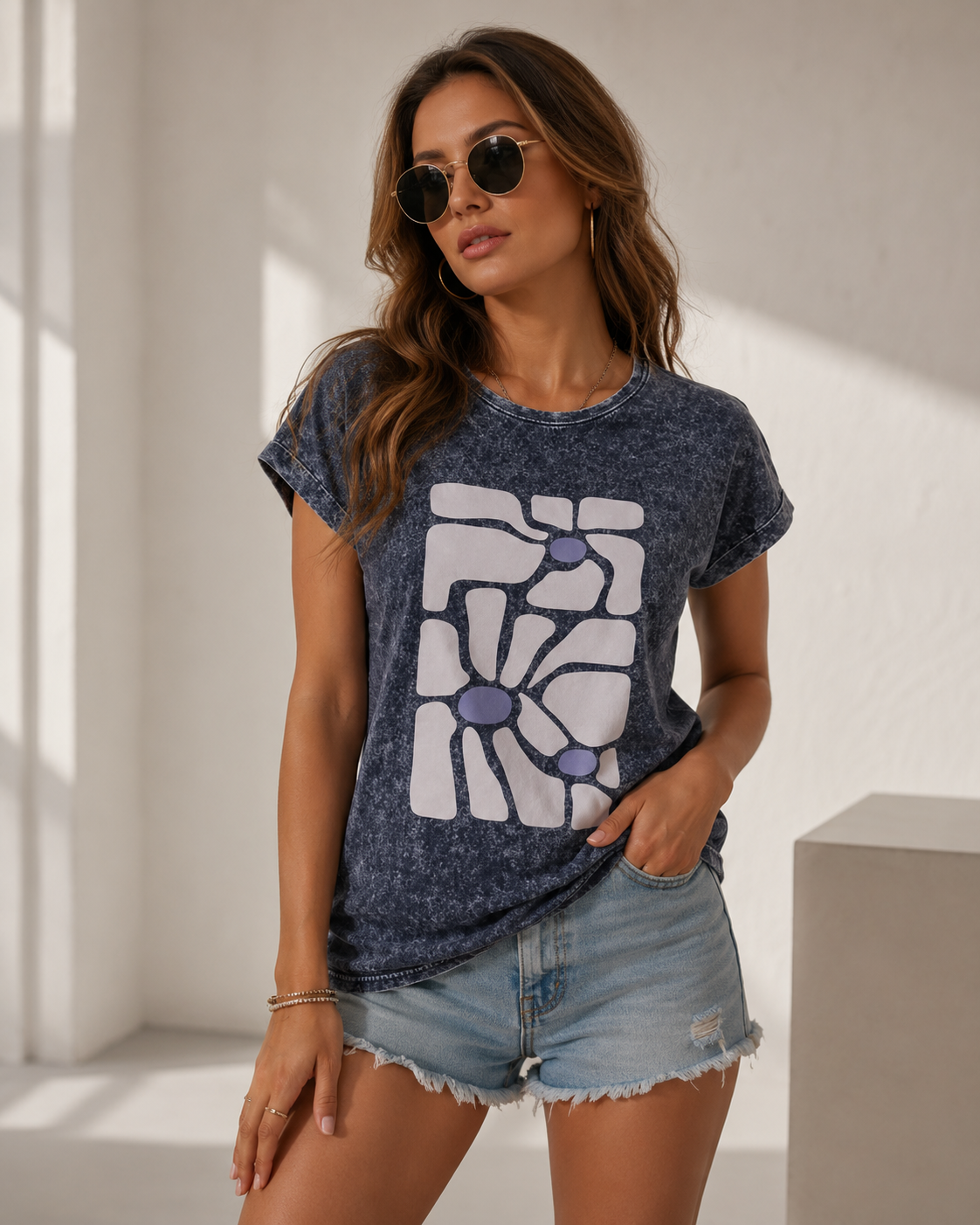 Indigo Vintage Damen Acid Wash Oversized T-Shirt | Prolazon
